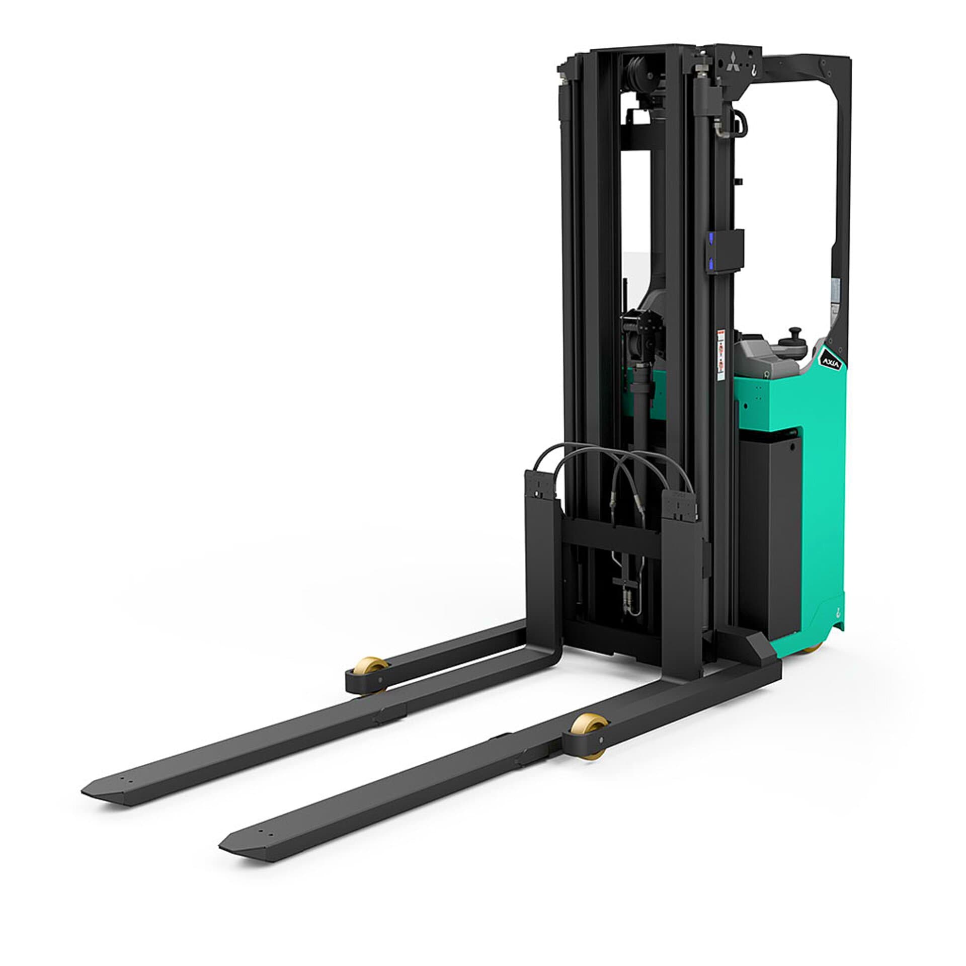 Apilador AXÍA XL SBR12N2TF: 1,2 t, horquillas telescópicas y doble profundidad. Ideal para almacenes con espacio limitado